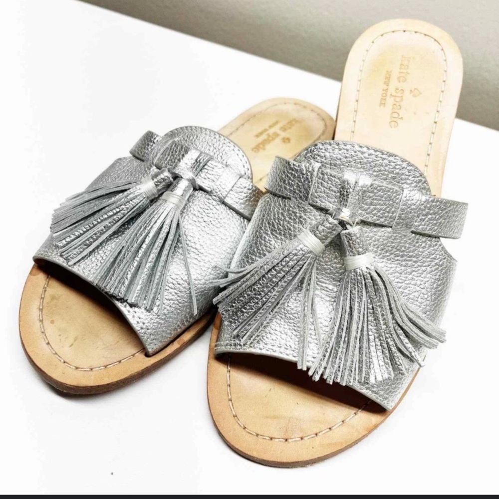 KATE SPADE Colby Tassel Slide Silver Sandals size 9 1/2